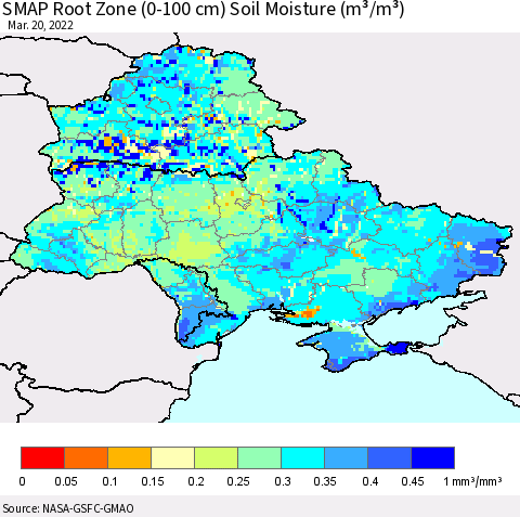 Ukraine, Moldova and Belarus SMAP Root Zone (0-100 cm) Soil Moisture (m³/m³) Thematic Map For 3/16/2022 - 3/20/2022