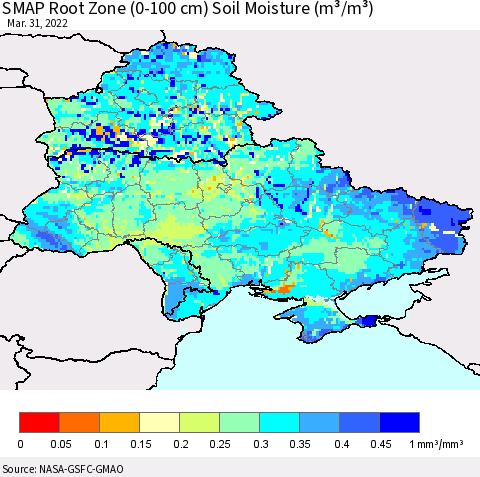 Ukraine, Moldova and Belarus SMAP Root Zone (0-100 cm) Soil Moisture (m³/m³) Thematic Map For 3/26/2022 - 3/31/2022