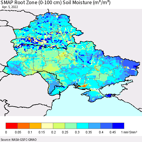 Ukraine, Moldova and Belarus SMAP Root Zone (0-100 cm) Soil Moisture (m³/m³) Thematic Map For 4/1/2022 - 4/5/2022