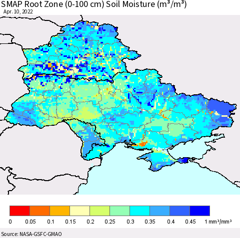 Ukraine, Moldova and Belarus SMAP Root Zone (0-100 cm) Soil Moisture (m³/m³) Thematic Map For 4/6/2022 - 4/10/2022