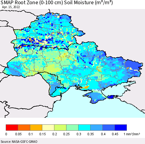 Ukraine, Moldova and Belarus SMAP Root Zone (0-100 cm) Soil Moisture (m³/m³) Thematic Map For 4/11/2022 - 4/15/2022