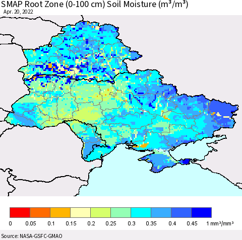 Ukraine, Moldova and Belarus SMAP Root Zone (0-100 cm) Soil Moisture (m³/m³) Thematic Map For 4/16/2022 - 4/20/2022