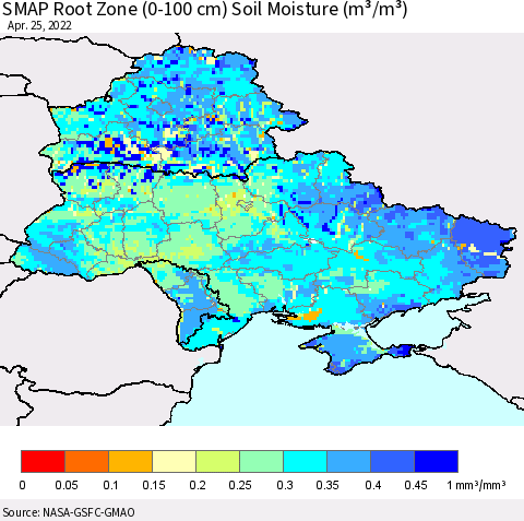 Ukraine, Moldova and Belarus SMAP Root Zone (0-100 cm) Soil Moisture (m³/m³) Thematic Map For 4/21/2022 - 4/25/2022