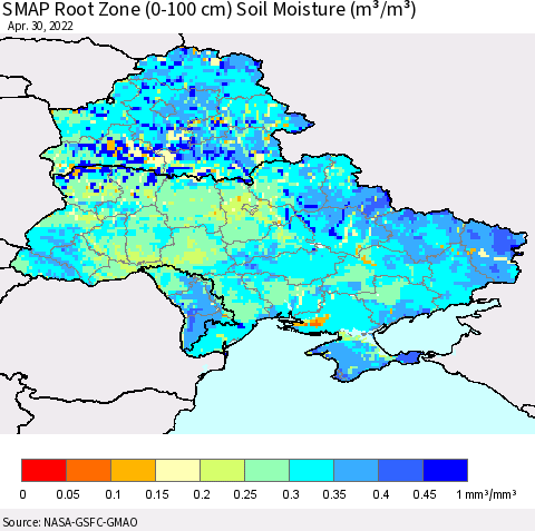 Ukraine, Moldova and Belarus SMAP Root Zone (0-100 cm) Soil Moisture (m³/m³) Thematic Map For 4/26/2022 - 4/30/2022