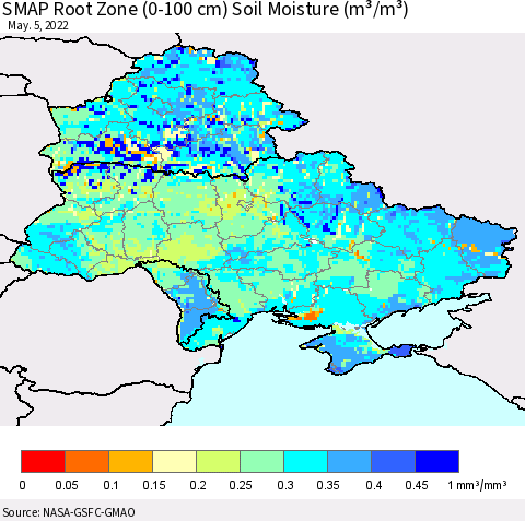 Ukraine, Moldova and Belarus SMAP Root Zone (0-100 cm) Soil Moisture (m³/m³) Thematic Map For 5/1/2022 - 5/5/2022