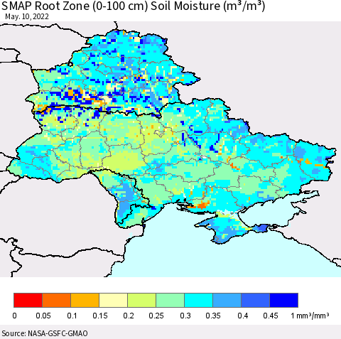 Ukraine, Moldova and Belarus SMAP Root Zone (0-100 cm) Soil Moisture (m³/m³) Thematic Map For 5/6/2022 - 5/10/2022