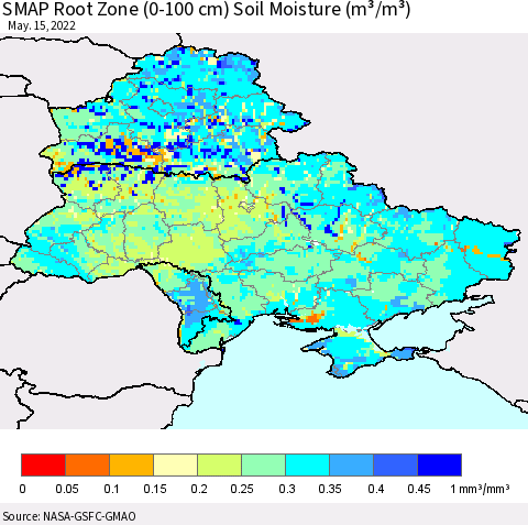 Ukraine, Moldova and Belarus SMAP Root Zone (0-100 cm) Soil Moisture (m³/m³) Thematic Map For 5/11/2022 - 5/15/2022