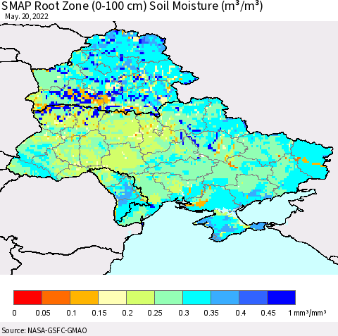 Ukraine, Moldova and Belarus SMAP Root Zone (0-100 cm) Soil Moisture (m³/m³) Thematic Map For 5/16/2022 - 5/20/2022