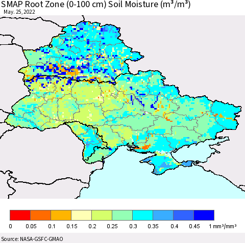 Ukraine, Moldova and Belarus SMAP Root Zone (0-100 cm) Soil Moisture (m³/m³) Thematic Map For 5/21/2022 - 5/25/2022