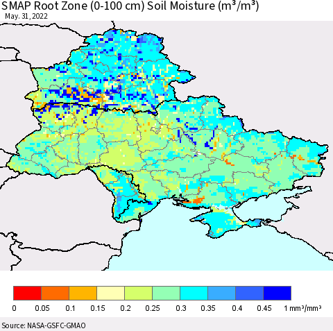 Ukraine, Moldova and Belarus SMAP Root Zone (0-100 cm) Soil Moisture (m³/m³) Thematic Map For 5/26/2022 - 5/31/2022
