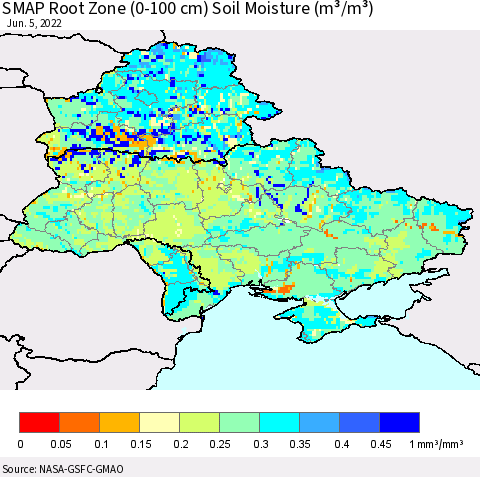 Ukraine, Moldova and Belarus SMAP Root Zone (0-100 cm) Soil Moisture (m³/m³) Thematic Map For 6/1/2022 - 6/5/2022