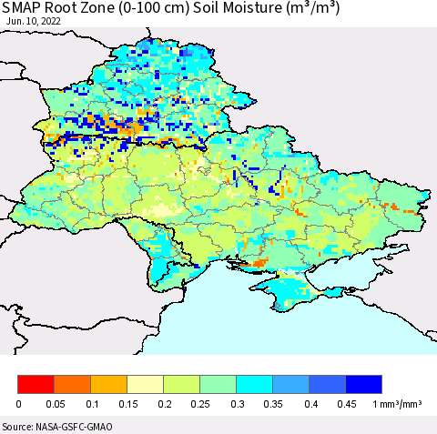 Ukraine, Moldova and Belarus SMAP Root Zone (0-100 cm) Soil Moisture (m³/m³) Thematic Map For 6/6/2022 - 6/10/2022