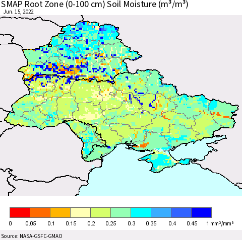 Ukraine, Moldova and Belarus SMAP Root Zone (0-100 cm) Soil Moisture (m³/m³) Thematic Map For 6/11/2022 - 6/15/2022