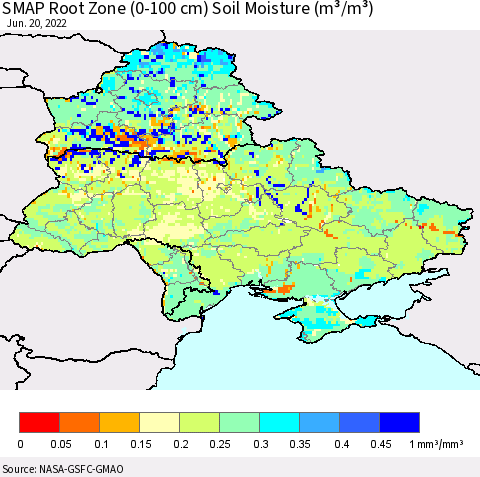 Ukraine, Moldova and Belarus SMAP Root Zone (0-100 cm) Soil Moisture (m³/m³) Thematic Map For 6/16/2022 - 6/20/2022