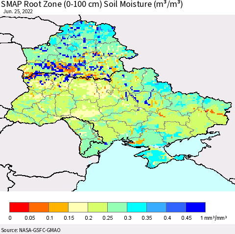 Ukraine, Moldova and Belarus SMAP Root Zone (0-100 cm) Soil Moisture (m³/m³) Thematic Map For 6/21/2022 - 6/25/2022