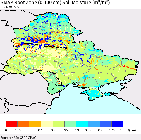 Ukraine, Moldova and Belarus SMAP Root Zone (0-100 cm) Soil Moisture (m³/m³) Thematic Map For 6/26/2022 - 6/30/2022