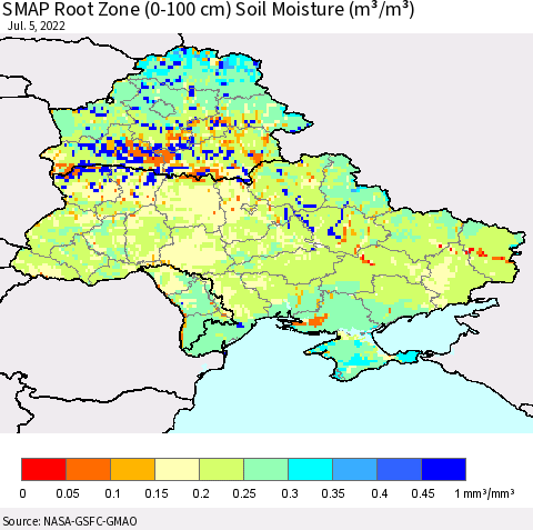 Ukraine, Moldova and Belarus SMAP Root Zone (0-100 cm) Soil Moisture (m³/m³) Thematic Map For 7/1/2022 - 7/5/2022