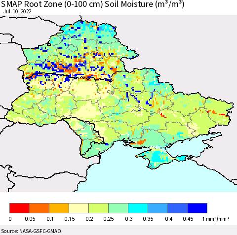 Ukraine, Moldova and Belarus SMAP Root Zone (0-100 cm) Soil Moisture (m³/m³) Thematic Map For 7/6/2022 - 7/10/2022