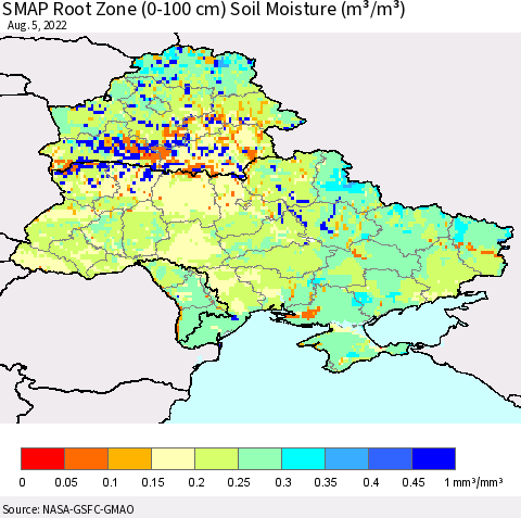 Ukraine, Moldova and Belarus SMAP Root Zone (0-100 cm) Soil Moisture (m³/m³) Thematic Map For 8/1/2022 - 8/5/2022