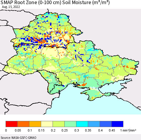Ukraine, Moldova and Belarus SMAP Root Zone (0-100 cm) Soil Moisture (m³/m³) Thematic Map For 8/11/2022 - 8/15/2022