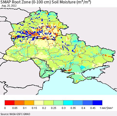 Ukraine, Moldova and Belarus SMAP Root Zone (0-100 cm) Soil Moisture (m³/m³) Thematic Map For 8/16/2022 - 8/20/2022