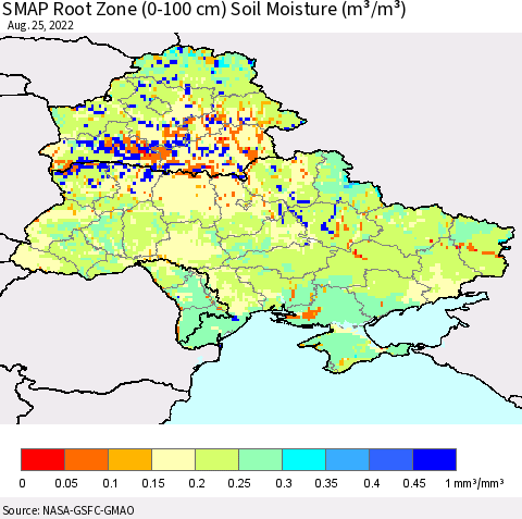 Ukraine, Moldova and Belarus SMAP Root Zone (0-100 cm) Soil Moisture (m³/m³) Thematic Map For 8/21/2022 - 8/25/2022