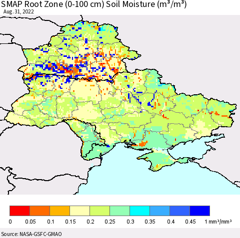 Ukraine, Moldova and Belarus SMAP Root Zone (0-100 cm) Soil Moisture (m³/m³) Thematic Map For 8/26/2022 - 8/31/2022