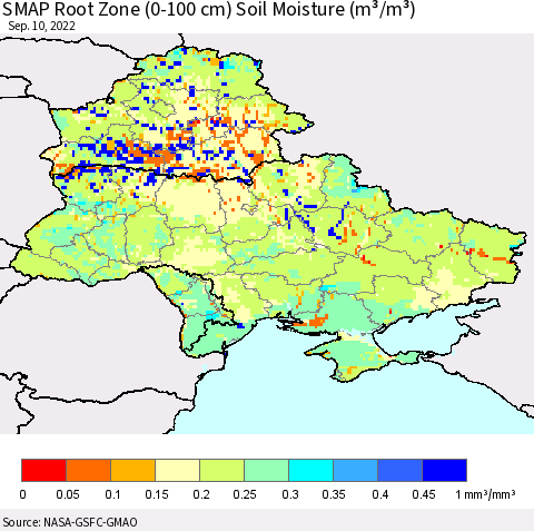 Ukraine, Moldova and Belarus SMAP Root Zone (0-100 cm) Soil Moisture (m³/m³) Thematic Map For 9/6/2022 - 9/10/2022