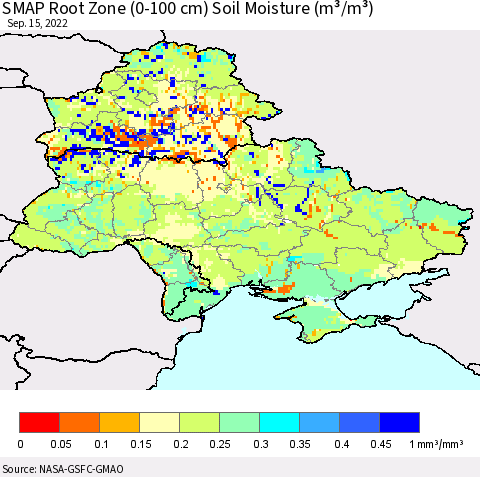 Ukraine, Moldova and Belarus SMAP Root Zone (0-100 cm) Soil Moisture (m³/m³) Thematic Map For 9/11/2022 - 9/15/2022