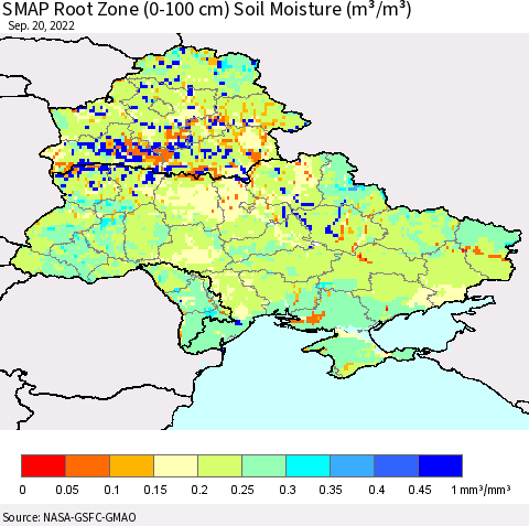 Ukraine, Moldova and Belarus SMAP Root Zone (0-100 cm) Soil Moisture (m³/m³) Thematic Map For 9/16/2022 - 9/20/2022