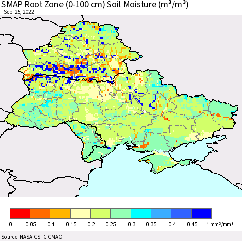 Ukraine, Moldova and Belarus SMAP Root Zone (0-100 cm) Soil Moisture (m³/m³) Thematic Map For 9/21/2022 - 9/25/2022