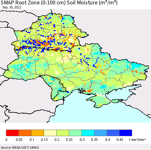Ukraine, Moldova and Belarus SMAP Root Zone (0-100 cm) Soil Moisture (m³/m³) Thematic Map For 9/26/2022 - 9/30/2022