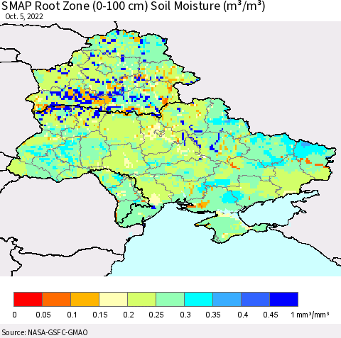 Ukraine, Moldova and Belarus SMAP Root Zone (0-100 cm) Soil Moisture (m³/m³) Thematic Map For 10/1/2022 - 10/5/2022