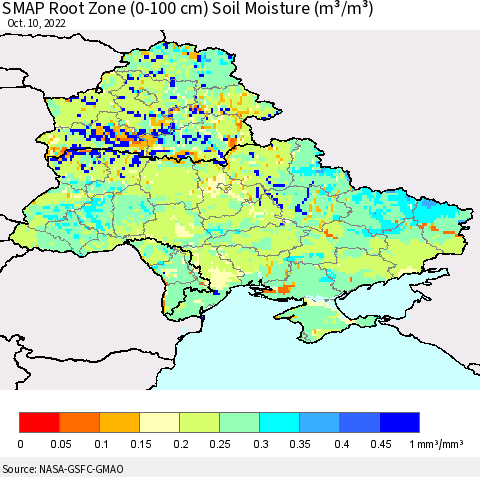 Ukraine, Moldova and Belarus SMAP Root Zone (0-100 cm) Soil Moisture (m³/m³) Thematic Map For 10/6/2022 - 10/10/2022