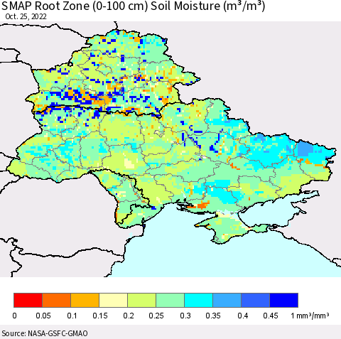 Ukraine, Moldova and Belarus SMAP Root Zone (0-100 cm) Soil Moisture (m³/m³) Thematic Map For 10/21/2022 - 10/25/2022