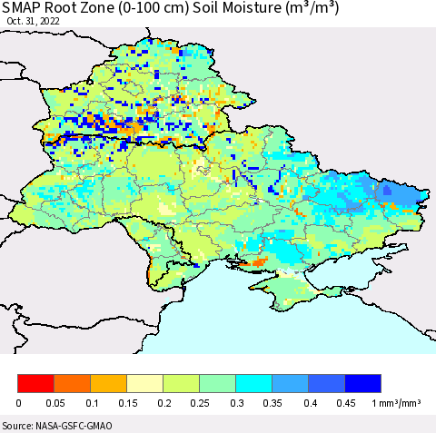 Ukraine, Moldova and Belarus SMAP Root Zone (0-100 cm) Soil Moisture (m³/m³) Thematic Map For 10/26/2022 - 10/31/2022