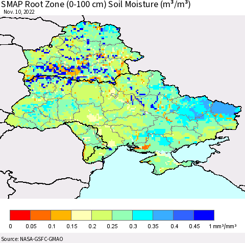 Ukraine, Moldova and Belarus SMAP Root Zone (0-100 cm) Soil Moisture (m³/m³) Thematic Map For 11/6/2022 - 11/10/2022