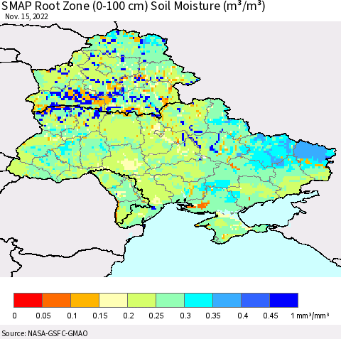Ukraine, Moldova and Belarus SMAP Root Zone (0-100 cm) Soil Moisture (m³/m³) Thematic Map For 11/11/2022 - 11/15/2022