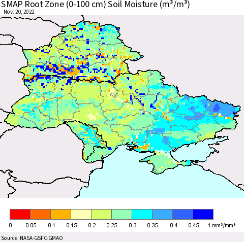 Ukraine, Moldova and Belarus SMAP Root Zone (0-100 cm) Soil Moisture (m³/m³) Thematic Map For 11/16/2022 - 11/20/2022