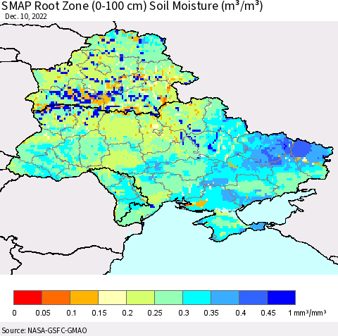 Ukraine, Moldova and Belarus SMAP Root Zone (0-100 cm) Soil Moisture (m³/m³) Thematic Map For 12/6/2022 - 12/10/2022
