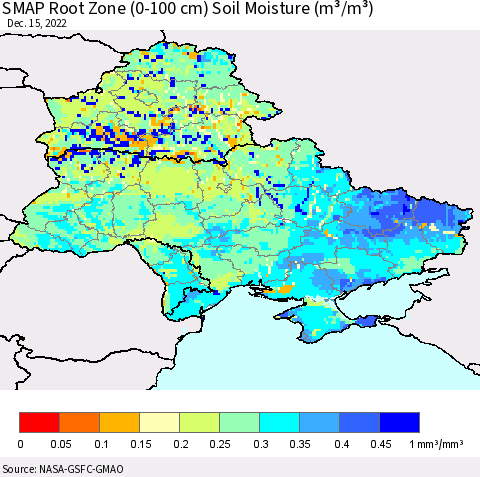 Ukraine, Moldova and Belarus SMAP Root Zone (0-100 cm) Soil Moisture (m³/m³) Thematic Map For 12/11/2022 - 12/15/2022