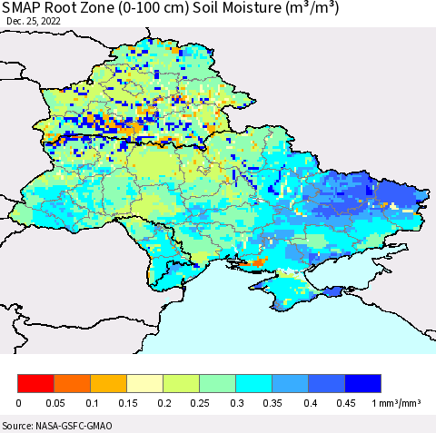 Ukraine, Moldova and Belarus SMAP Root Zone (0-100 cm) Soil Moisture (m³/m³) Thematic Map For 12/21/2022 - 12/25/2022