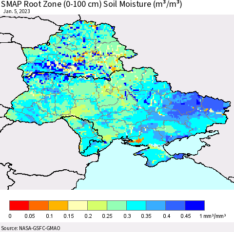 Ukraine, Moldova and Belarus SMAP Root Zone (0-100 cm) Soil Moisture (m³/m³) Thematic Map For 1/1/2023 - 1/5/2023