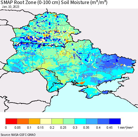 Ukraine, Moldova and Belarus SMAP Root Zone (0-100 cm) Soil Moisture (m³/m³) Thematic Map For 1/6/2023 - 1/10/2023