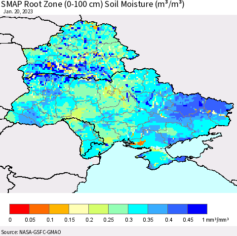 Ukraine, Moldova and Belarus SMAP Root Zone (0-100 cm) Soil Moisture (m³/m³) Thematic Map For 1/16/2023 - 1/20/2023