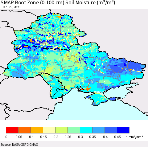 Ukraine, Moldova and Belarus SMAP Root Zone (0-100 cm) Soil Moisture (m³/m³) Thematic Map For 1/21/2023 - 1/25/2023