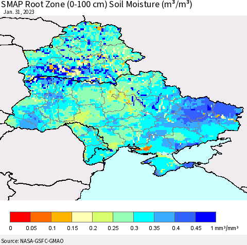 Ukraine, Moldova and Belarus SMAP Root Zone (0-100 cm) Soil Moisture (m³/m³) Thematic Map For 1/26/2023 - 1/31/2023