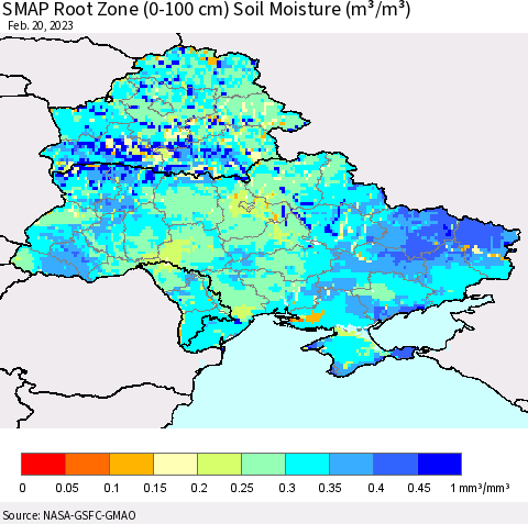 Ukraine, Moldova and Belarus SMAP Root Zone (0-100 cm) Soil Moisture (m³/m³) Thematic Map For 2/16/2023 - 2/20/2023