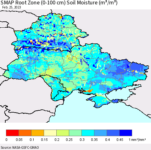 Ukraine, Moldova and Belarus SMAP Root Zone (0-100 cm) Soil Moisture (m³/m³) Thematic Map For 2/21/2023 - 2/25/2023