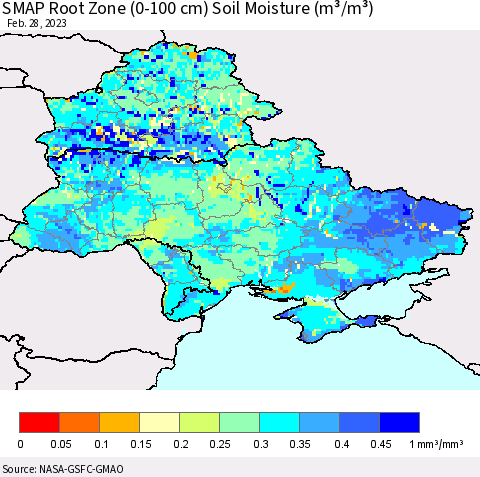 Ukraine, Moldova and Belarus SMAP Root Zone (0-100 cm) Soil Moisture (m³/m³) Thematic Map For 2/26/2023 - 2/28/2023
